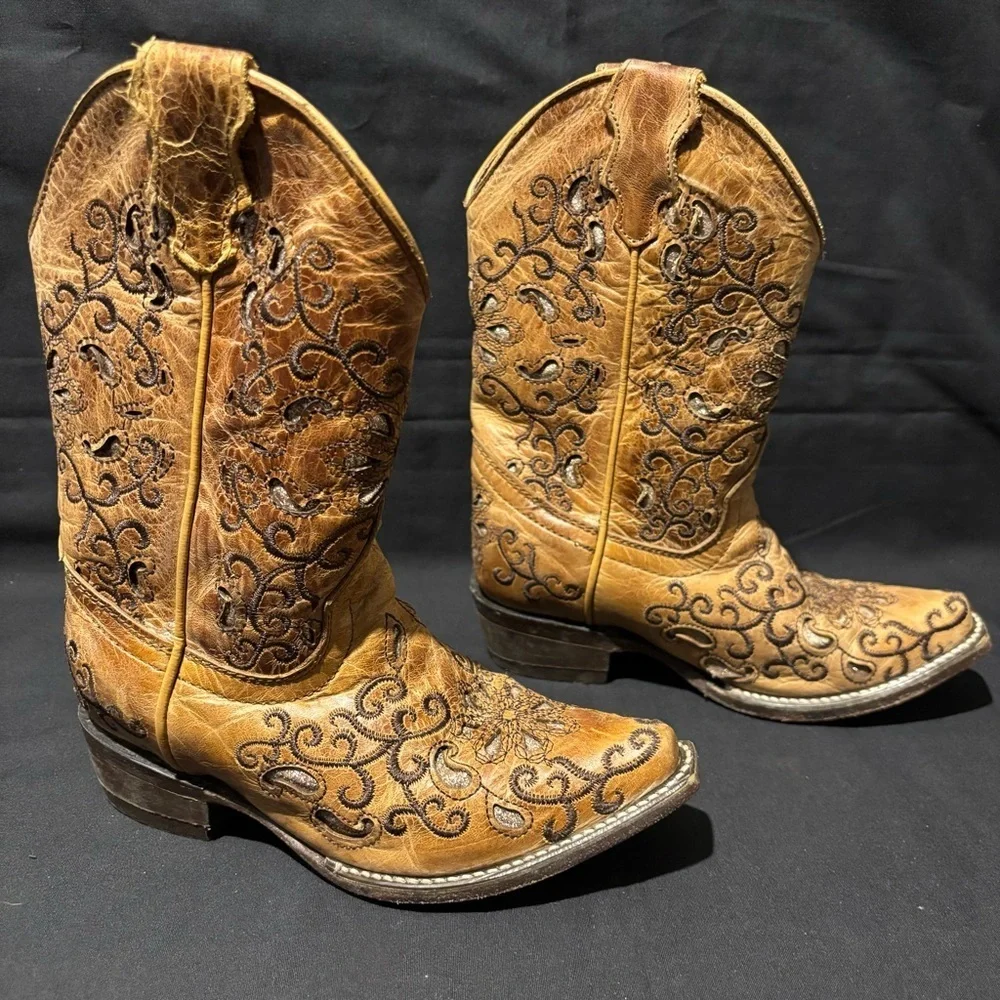 Jar Boots Made in Mexico Tan Leather Cut-Out/Embroidery Snip Toe MX sz 18 /USA 9